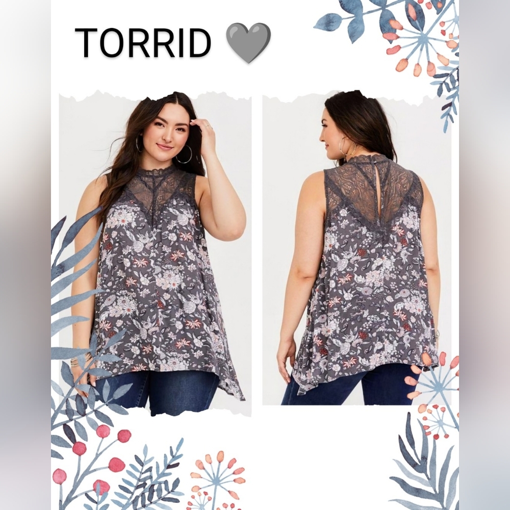 TORRID, NWOT, Gray Floral & Lace, Illusion Sharkbite, Gauze Tank, Size 4X